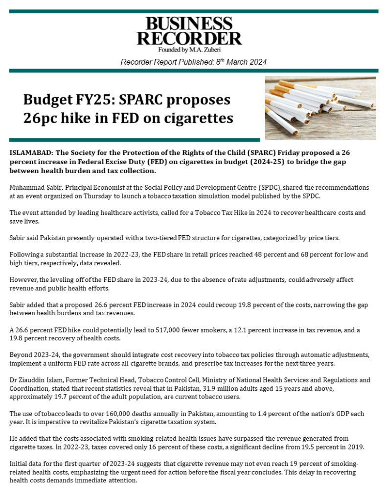 Budget FY25: SPARC proposes 26pc hike in FED on Cigarettes