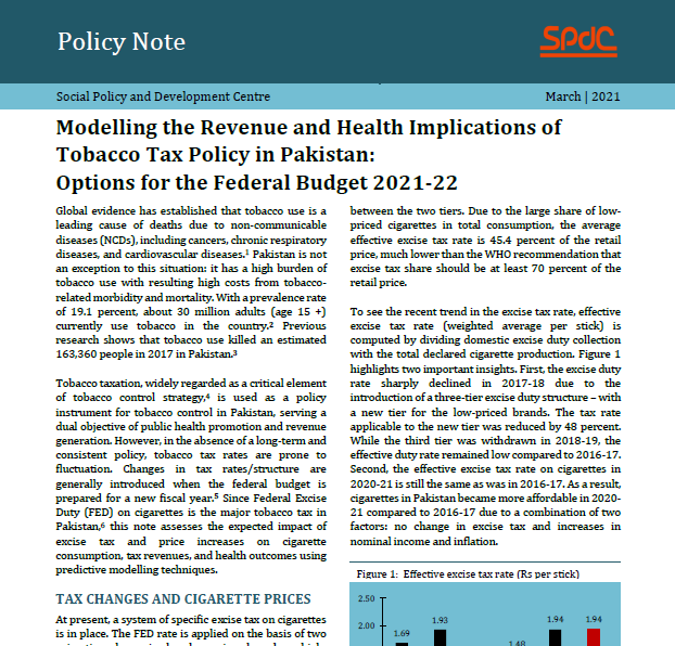 Modelling the Revenue and Health Implications of Tobacco Tax Policy in Pakistan: Options for the Federal Budget 2021-22