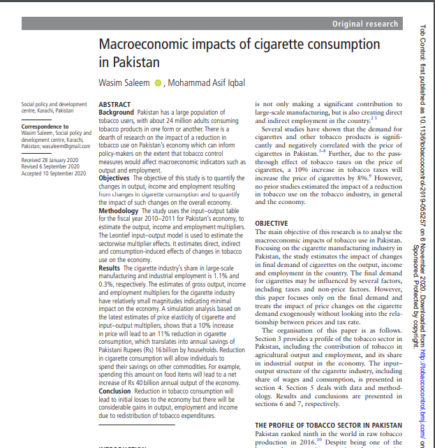 Macroeconomic impacts of cigarette consumption in Pakistan