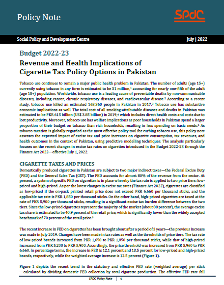 Budget 2022-23: Revenue and Health Implications of Cigarette Tax Policy Options in Pakistan