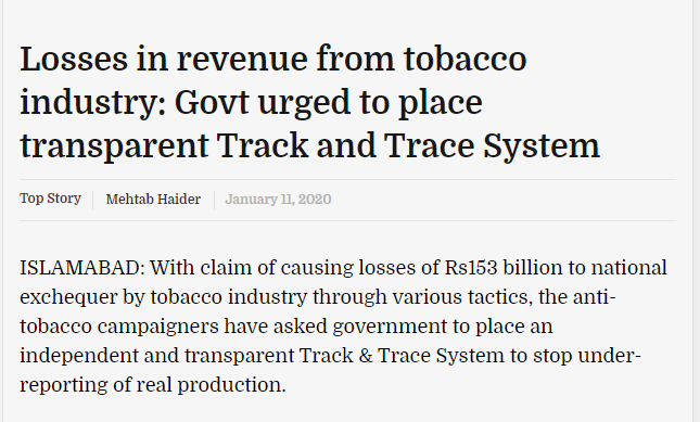 Losses in revenue from tobacco industry: Govt urged to place transparent Track and Trace System