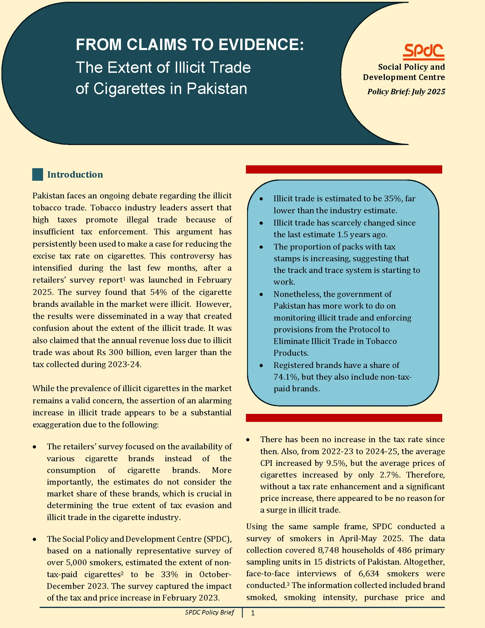 FROM CLAIMS TO EVIDENCE: The Extent of Illicit Trade of Cigarettes in Pakistan